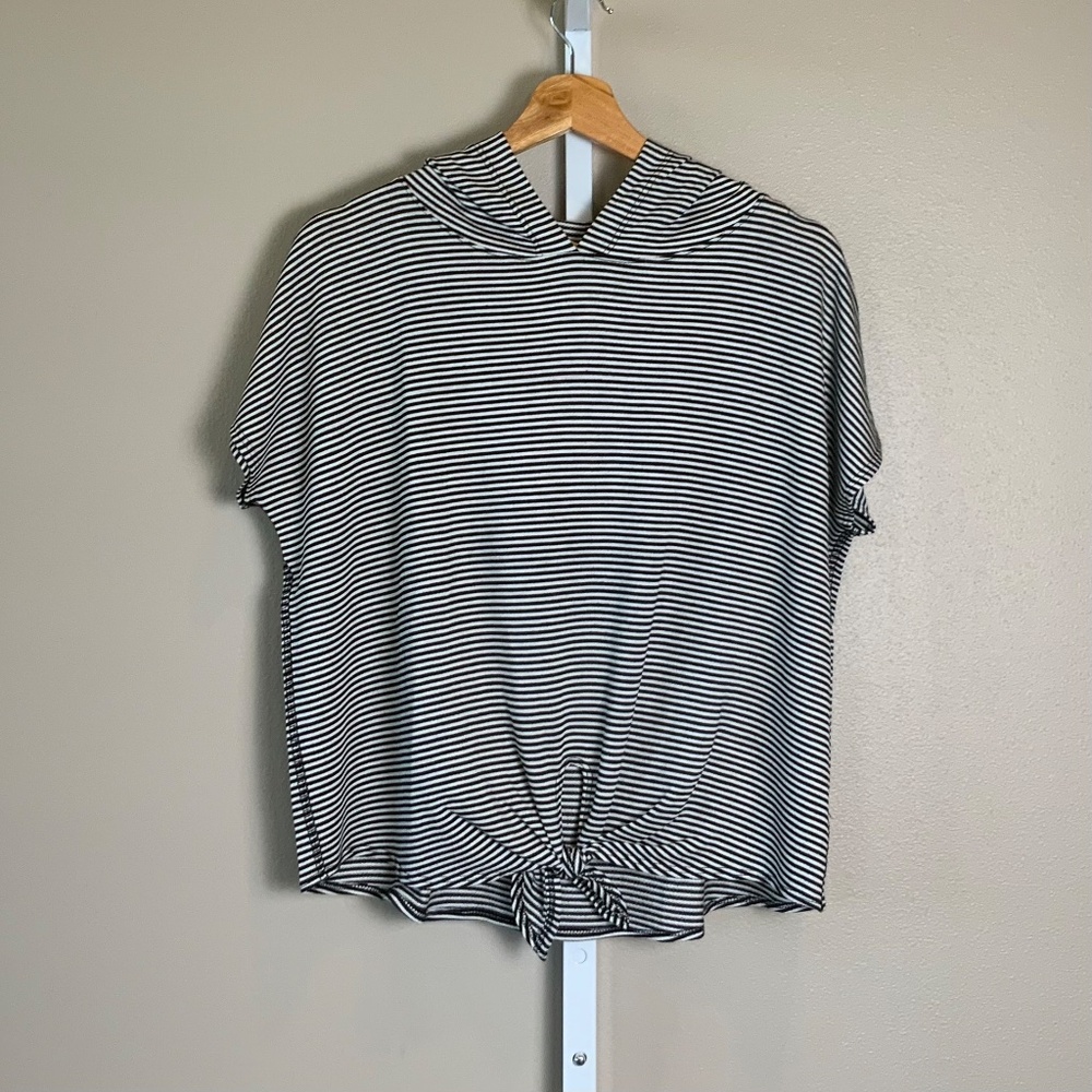 Kim & Cami Striped Hooded Tie Front Top